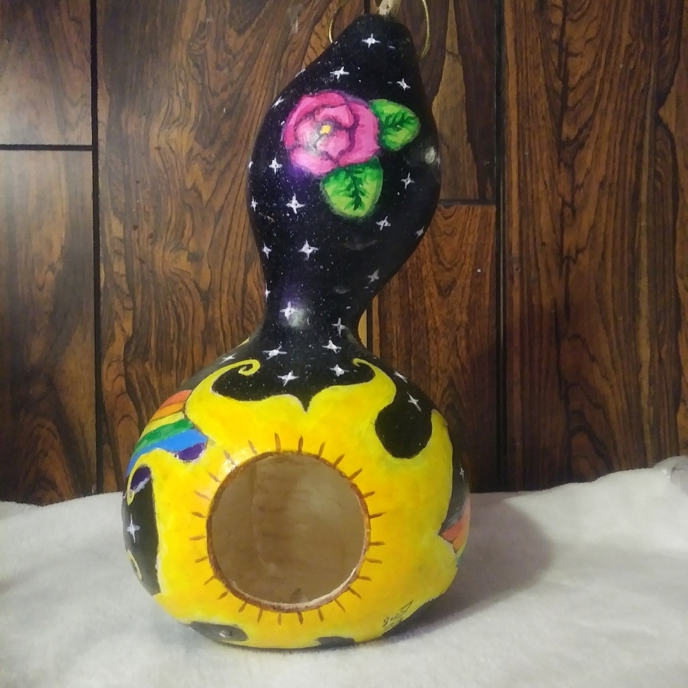 Hand Painted Gourd Birdhouse Rainbow Space Stars Roses